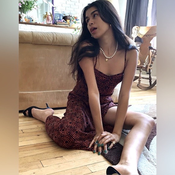 Urban Outfitters Sleeveless Veronica Ruched Top Geo Midi Dress TB5 - Picture 1 of 8